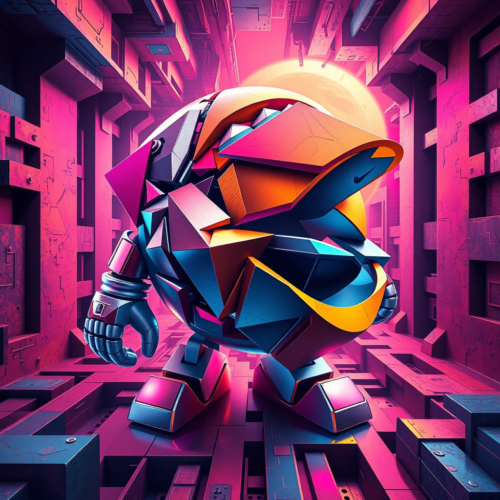 Robotic Creature in Futuristic Labyrinth of Geometric Shapes