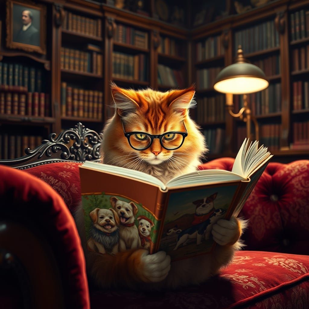 Ginger Cat Reads Book About Dogs on Velvet Couch