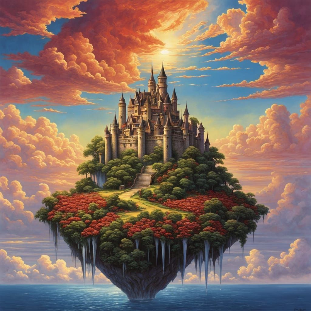 Floating Castle Island Descends to Lake in Colorful Fantasy ...