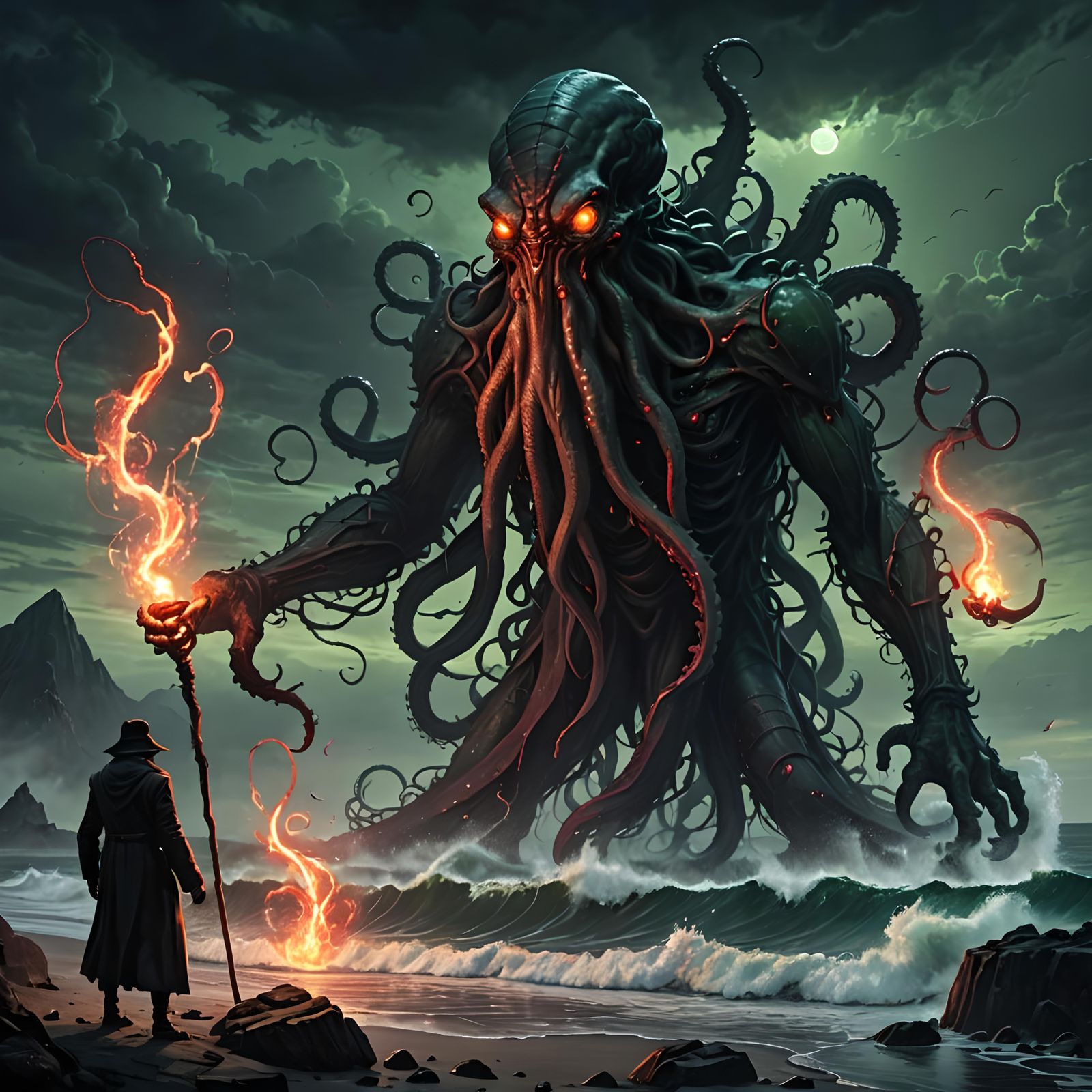 A lone figure confronts the monstrous Cthulhu-like creature....