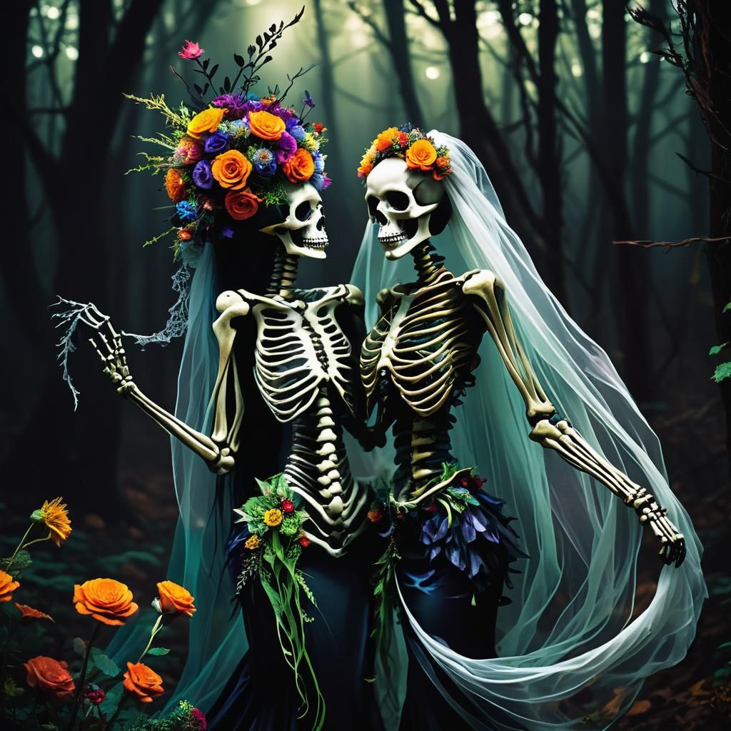 Gothic Mermaid Skeleton Dances in a Twisted Forest