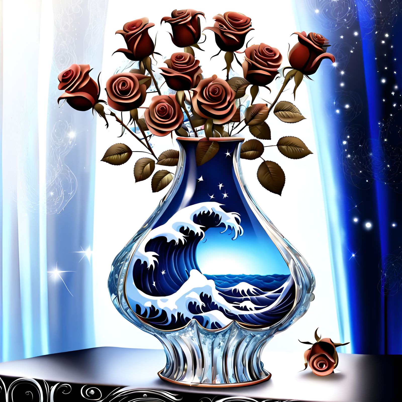 Vibrant Blue Roses in Cosmic Cristal Vase