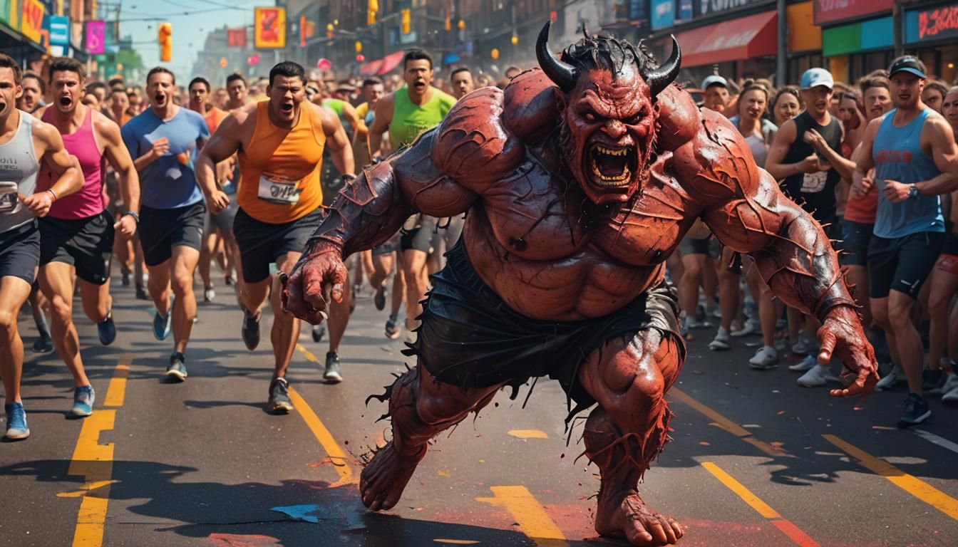 Surreal Marathon Demon in Hyperrealistic Comic Book Style