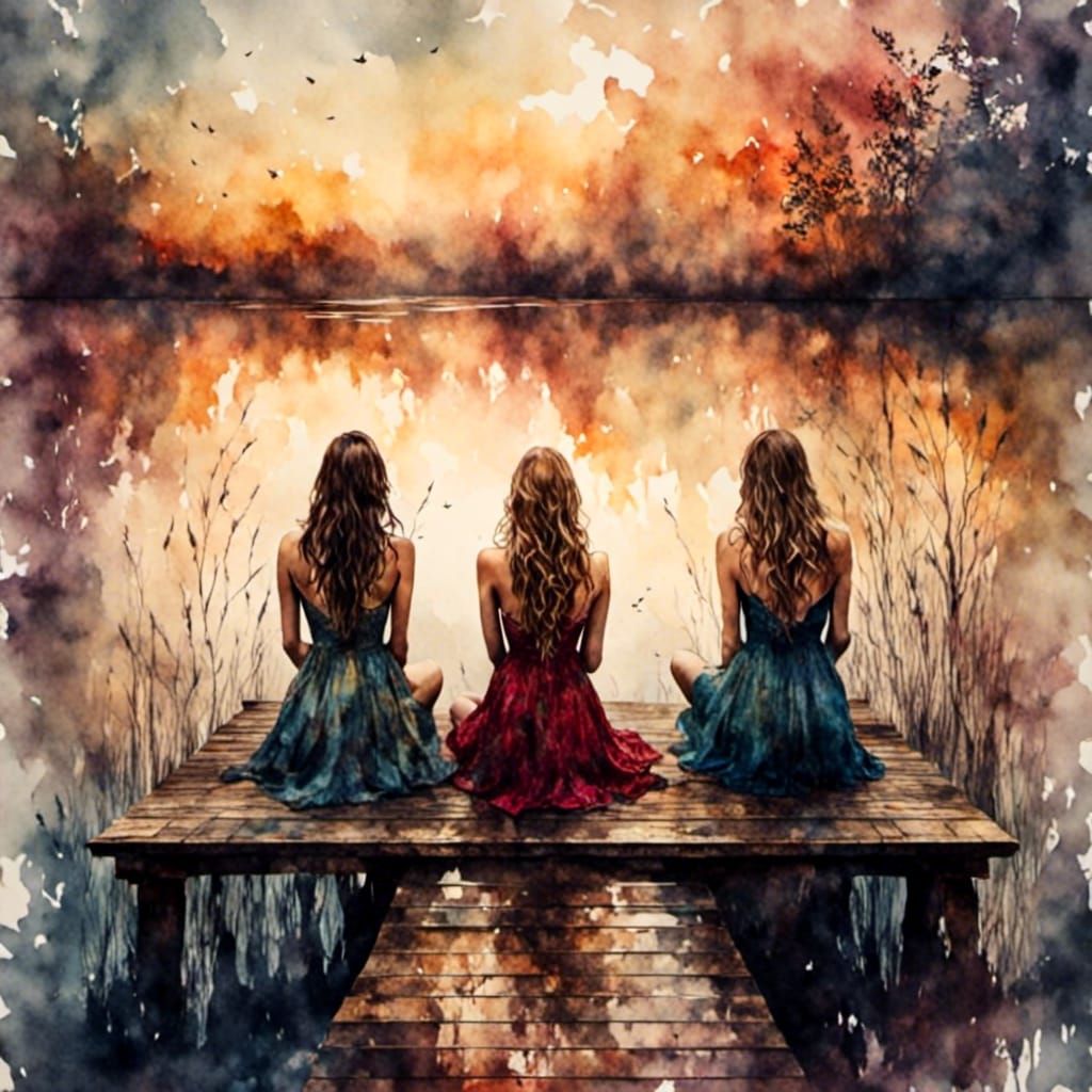 Two Women on a Pier at Dusk, in Antique Watercolor Style