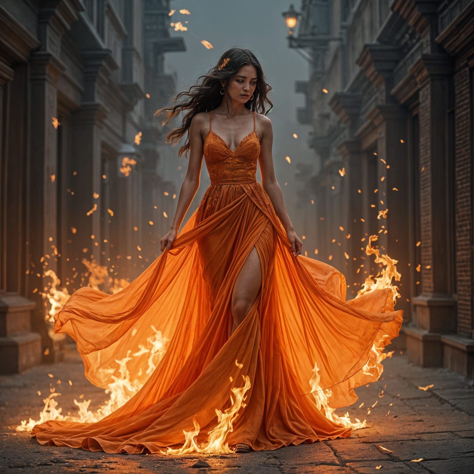 Woman in Blazing Gown of Fire