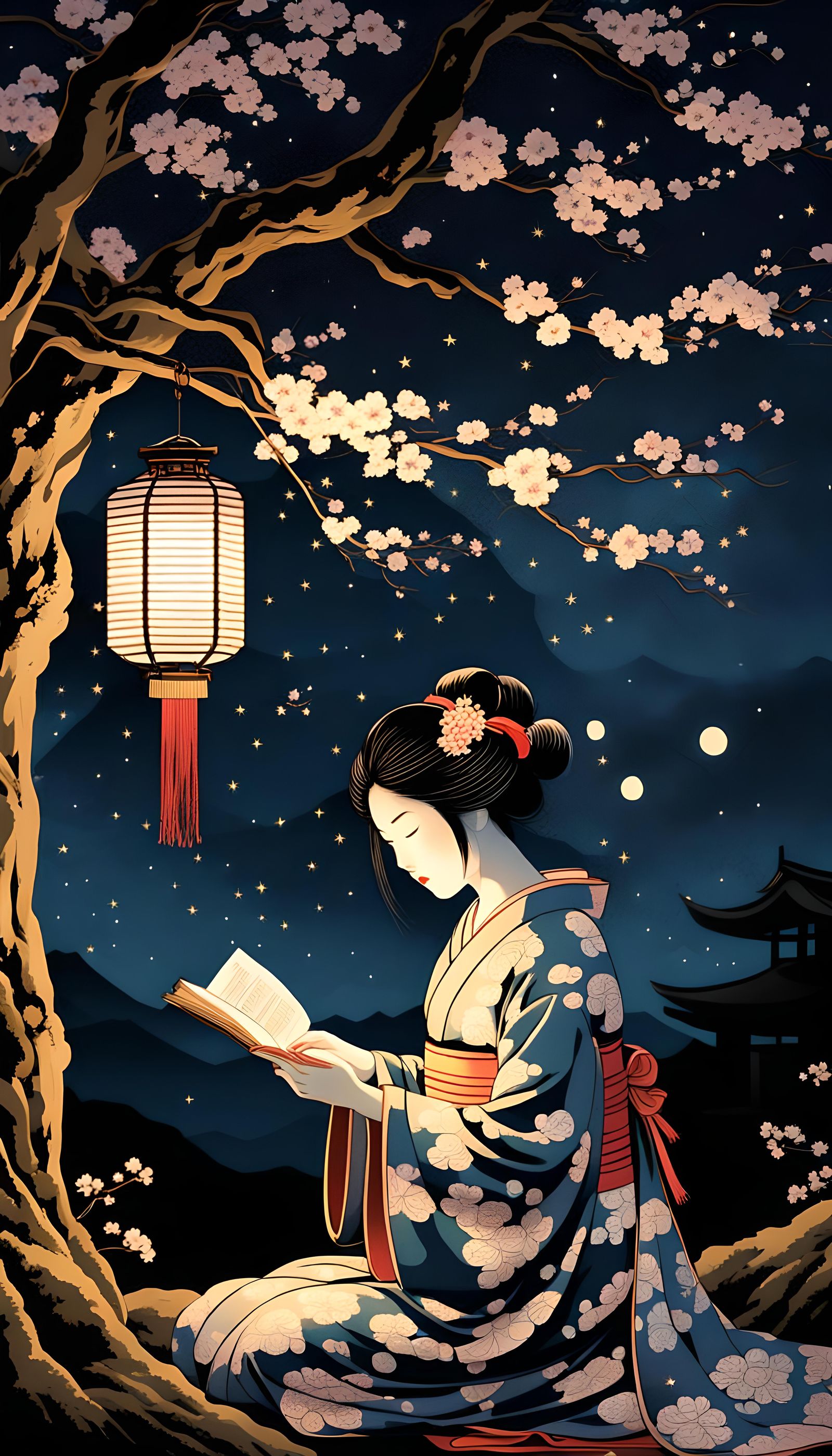 Geisha Reading in Cherry Blossom Garden, Ukiyo-e Style