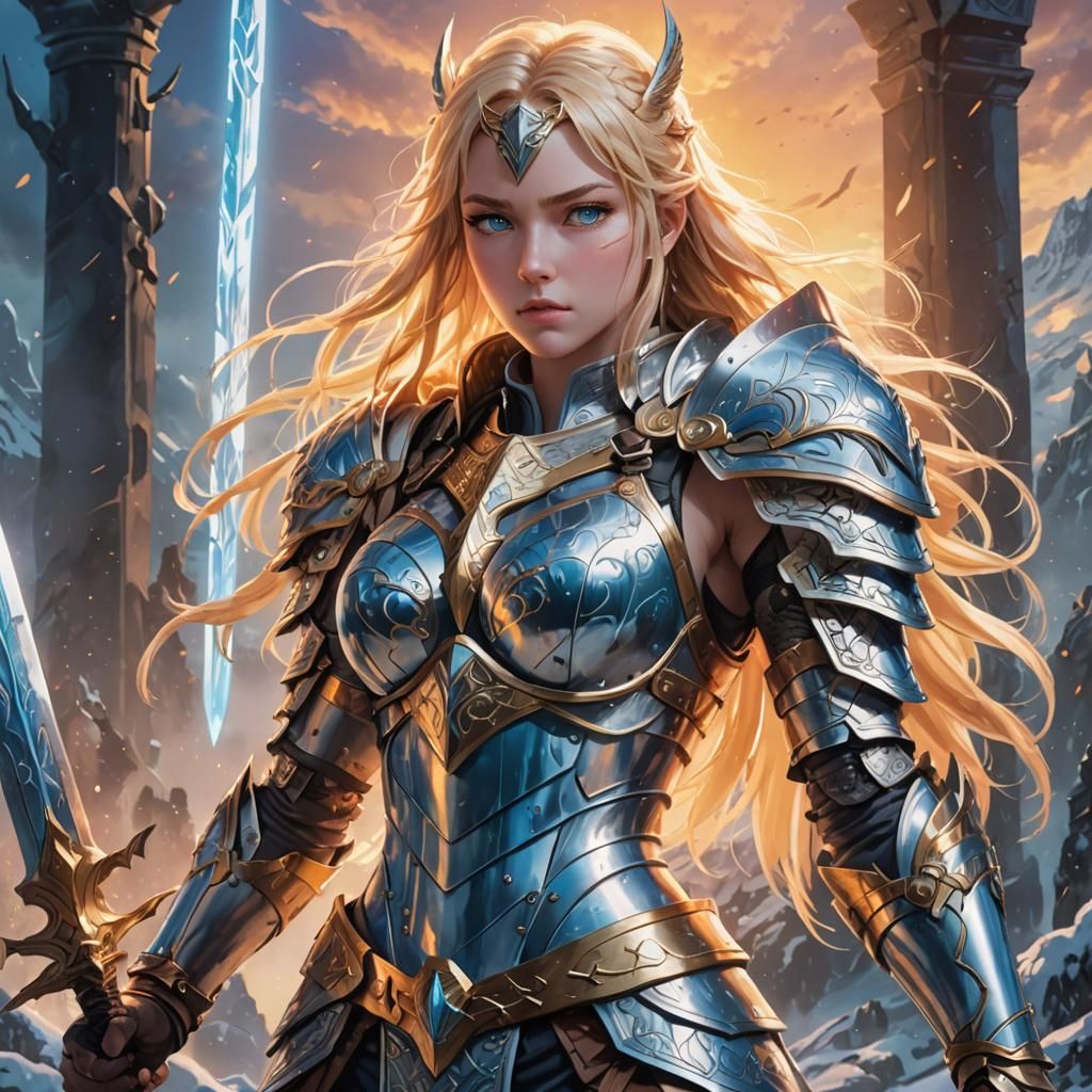 Heroic Female Valkyrie Warrior in Vibrant Anime Style Armor