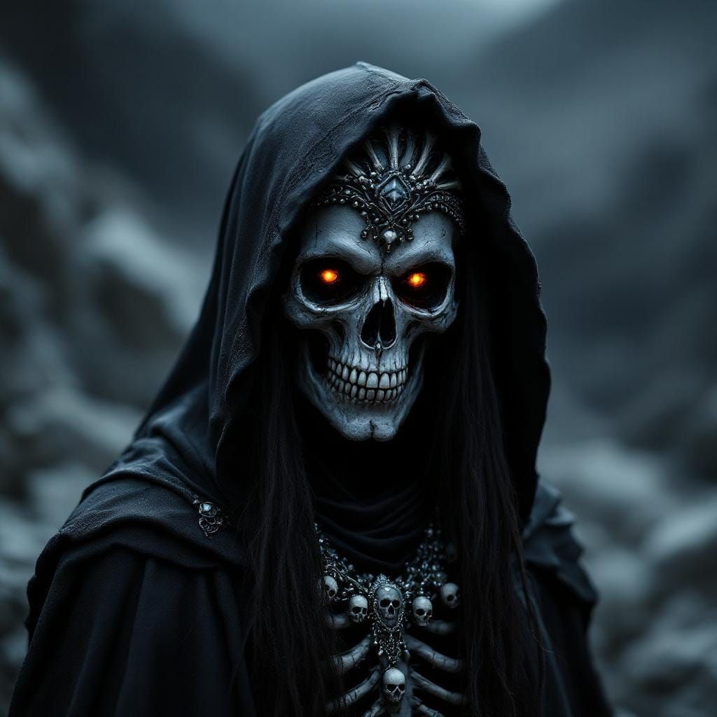 Eerie Black Skull with Ornate Jewelry in Dark Metal Style
