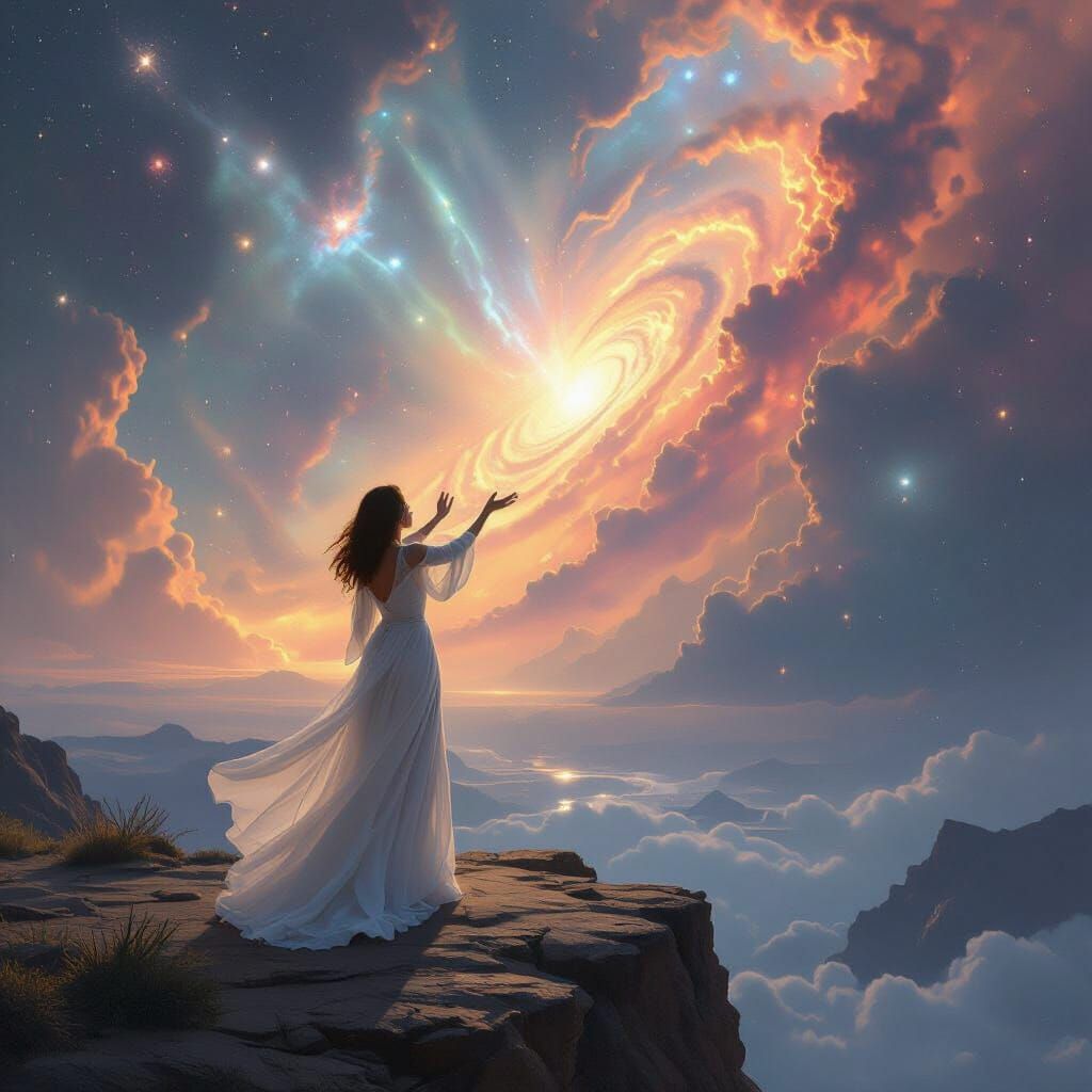 Woman Gazes at Celestial River on Nebula Cliff