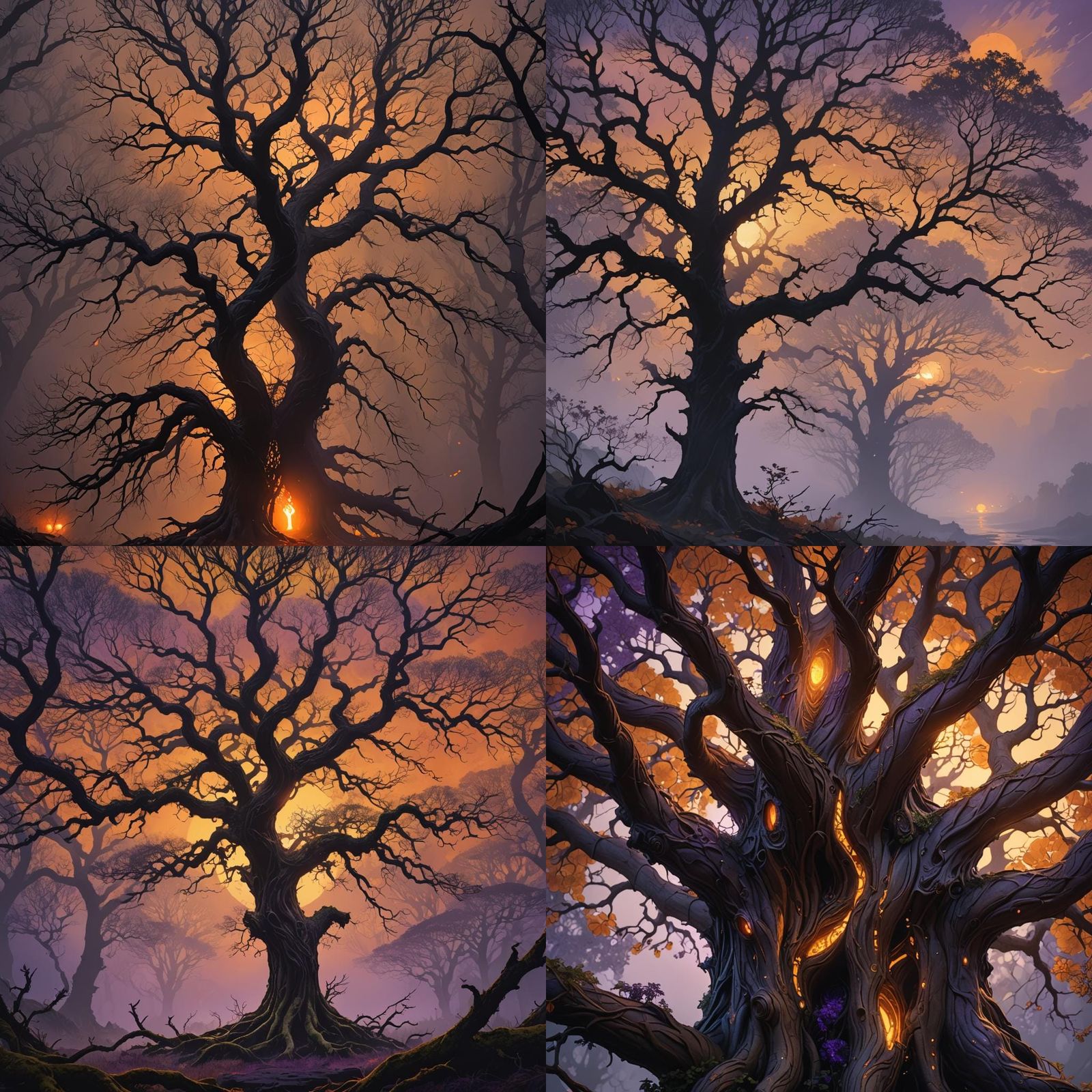 Surreal Dark Fantasy Scene with Glowing Orange Light