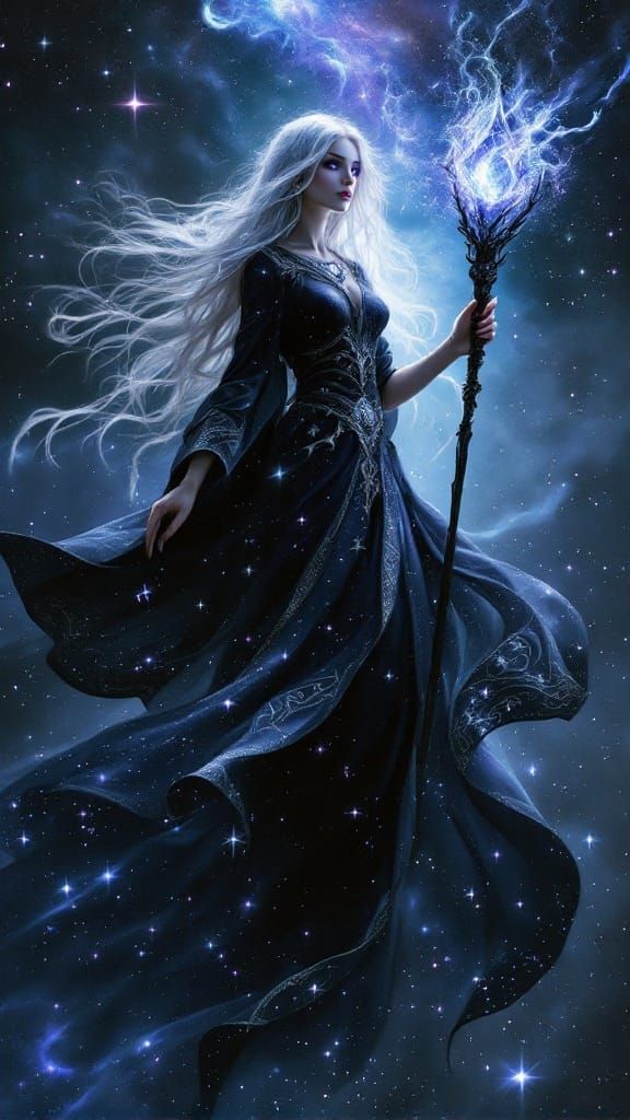 Cosmic Sorceress in Velvet Robe Radiates Violet Light