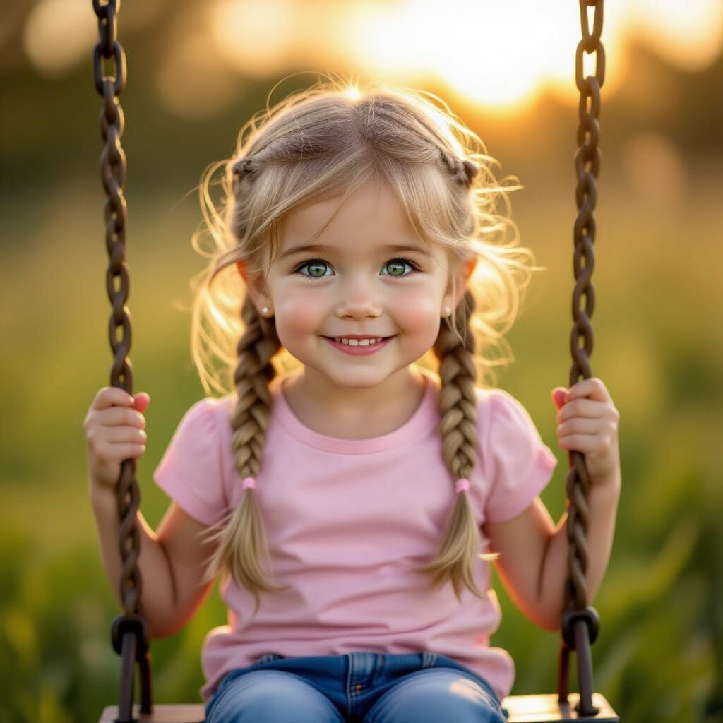 Joyful Girl on Swing in Golden Hour Light