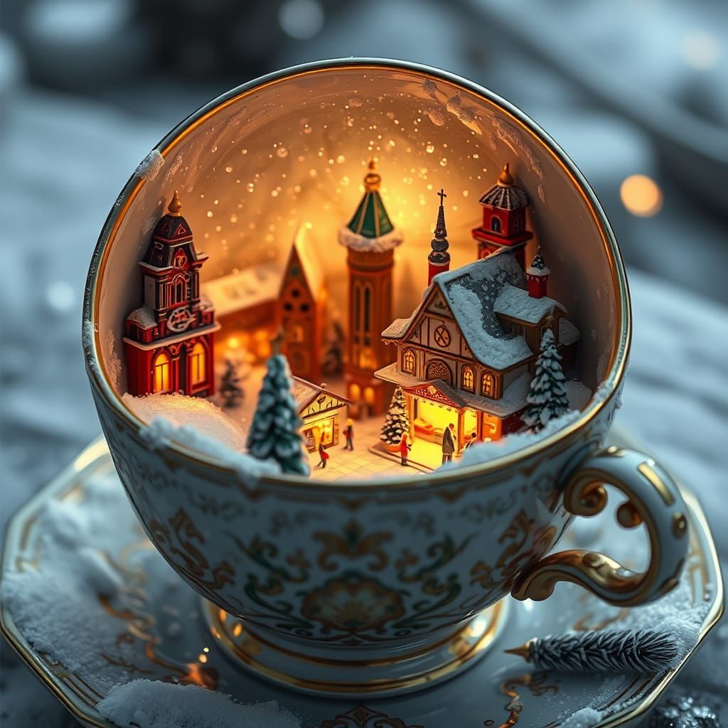 Christmas Porcelain Cup Whimsy in Snowy Cityscape with Golde...