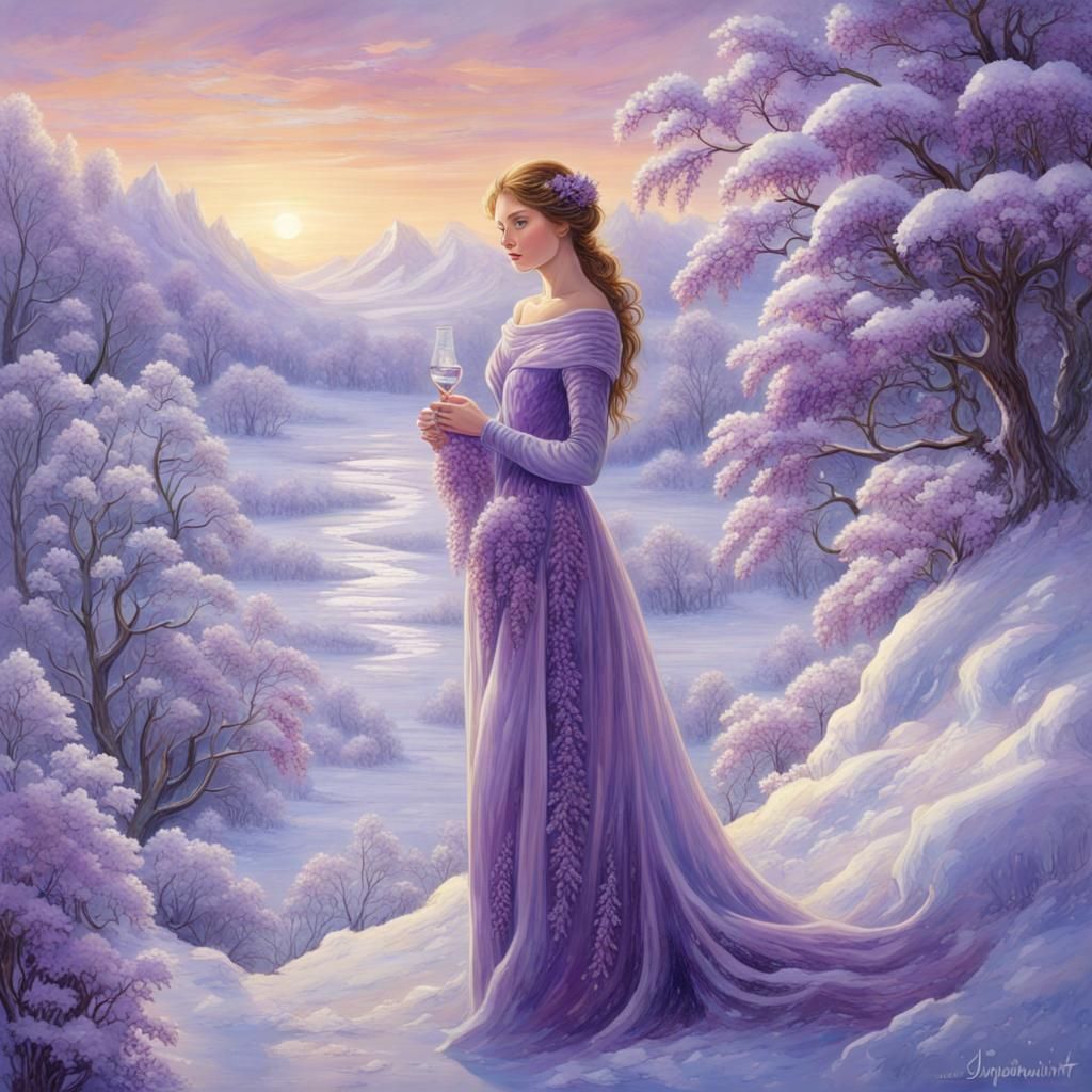 Winter Goddess in Frosty Landscape of Lilac and Amethyst