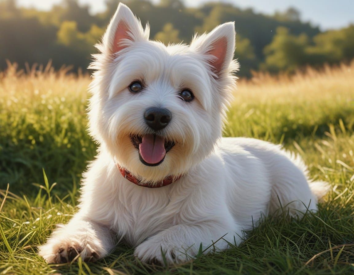 Westie on Grassy Hill in Whimsical Style