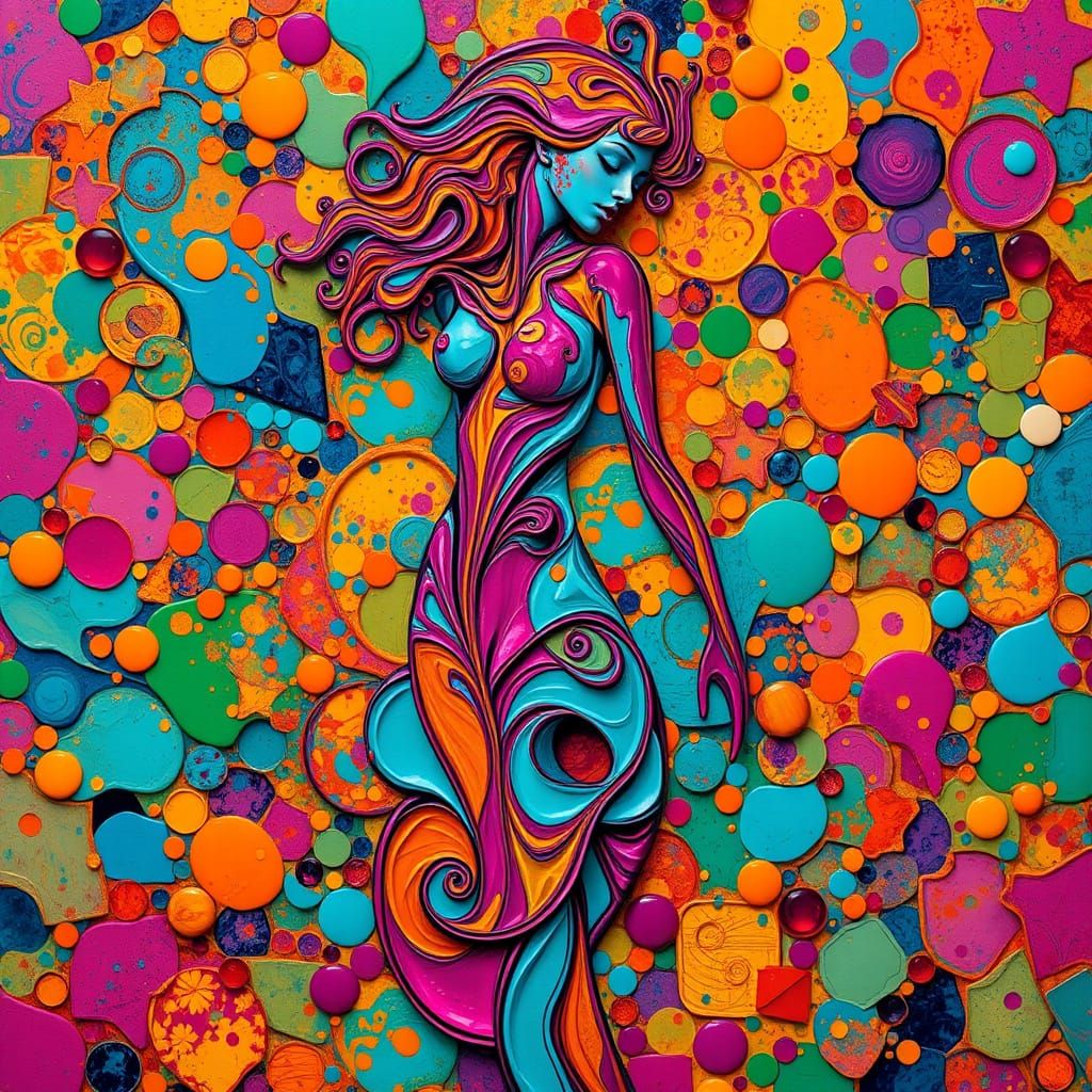 Dynamic Turquoise Cubist Figure in Vortex of Color