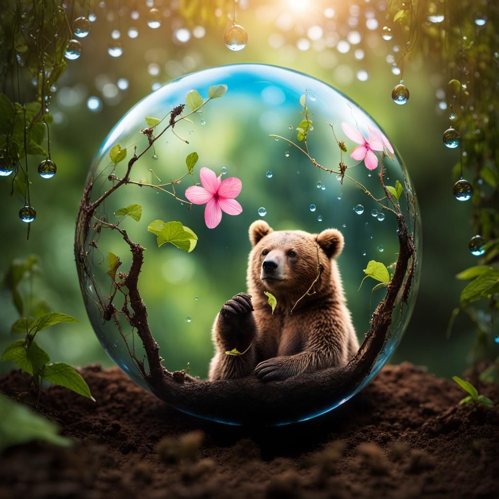 Vibrant Rainforest Scene of a Majestic Brown Bear Holding a....