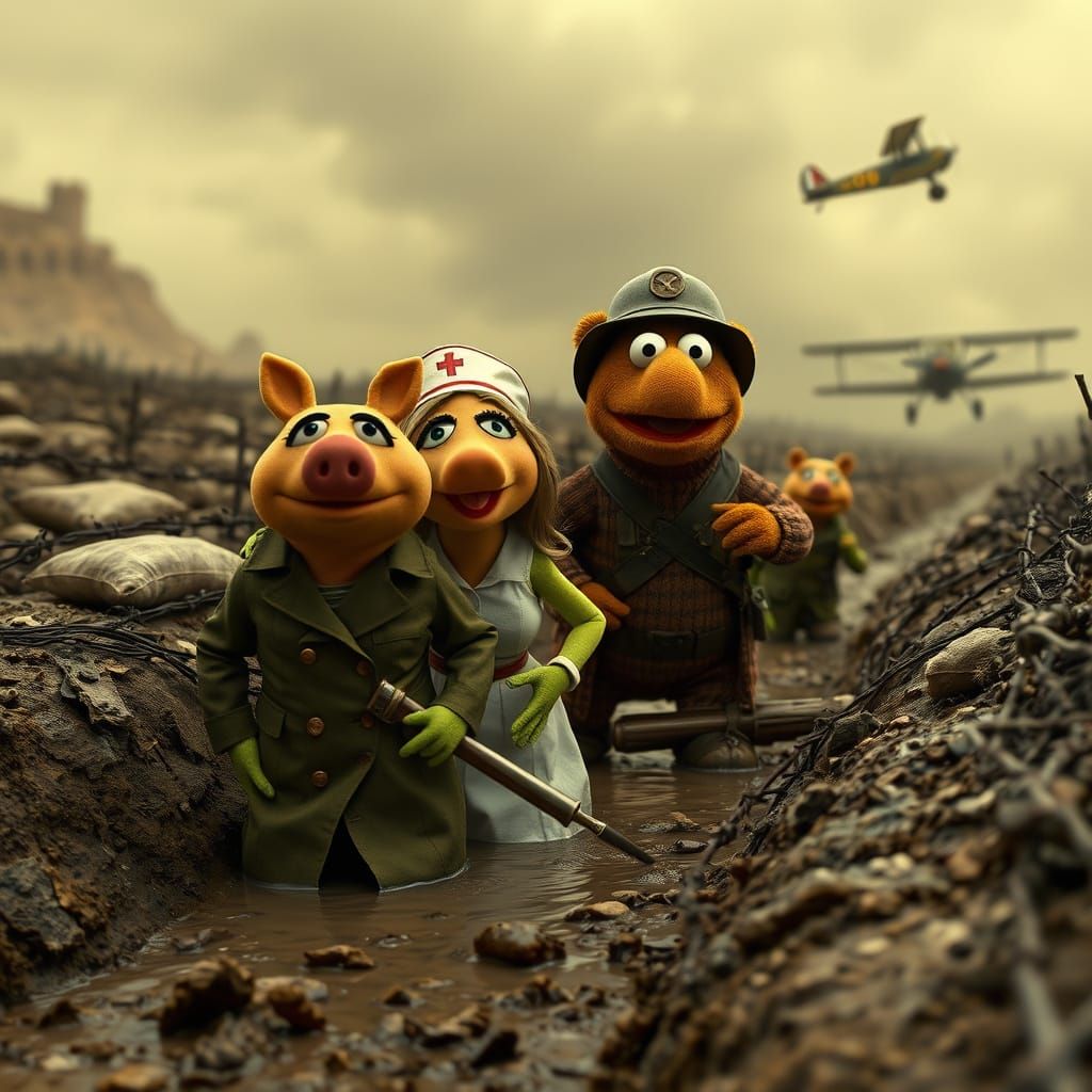 Muppets in WWI Trench, Cinematic Realism Style
