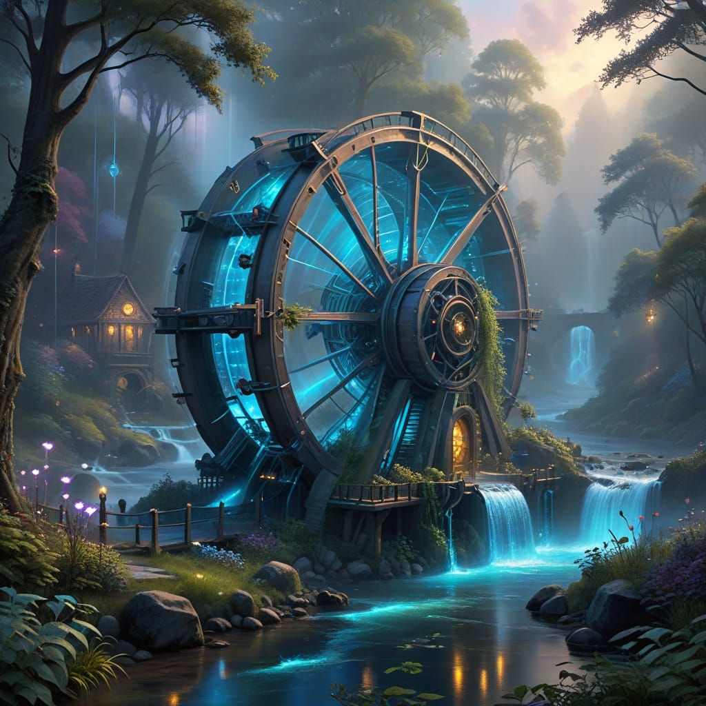 Futuristic Water Wheel in an Ethereal Fantasy Landscape