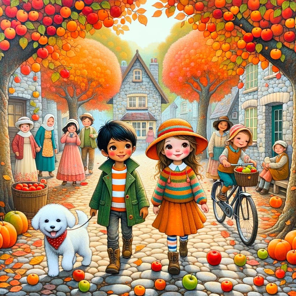 Whimsical Autumn Village Scene with Children and Dog
