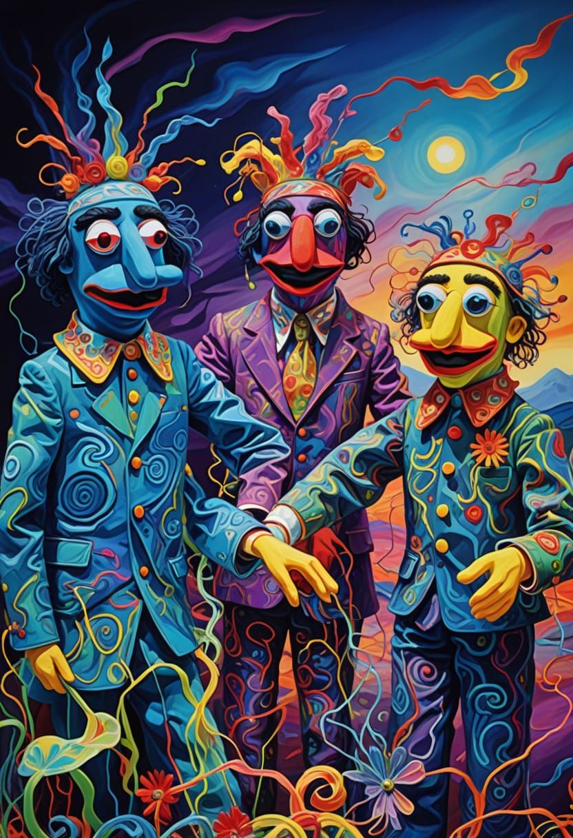 Sockpuppets in Psychedelic Surrealism Oil Painting