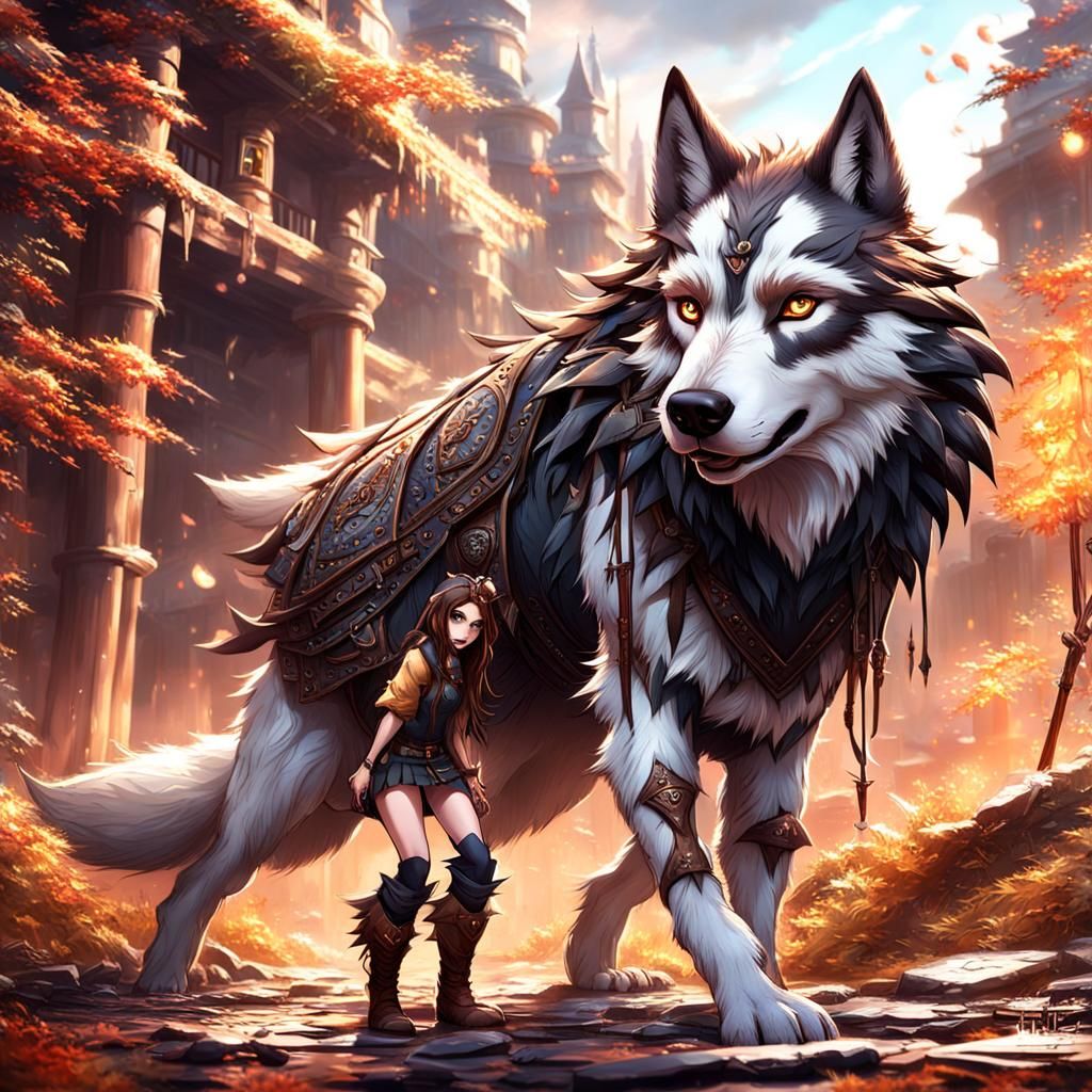 WolfGirl in a Whimsical Fantasy Landscape