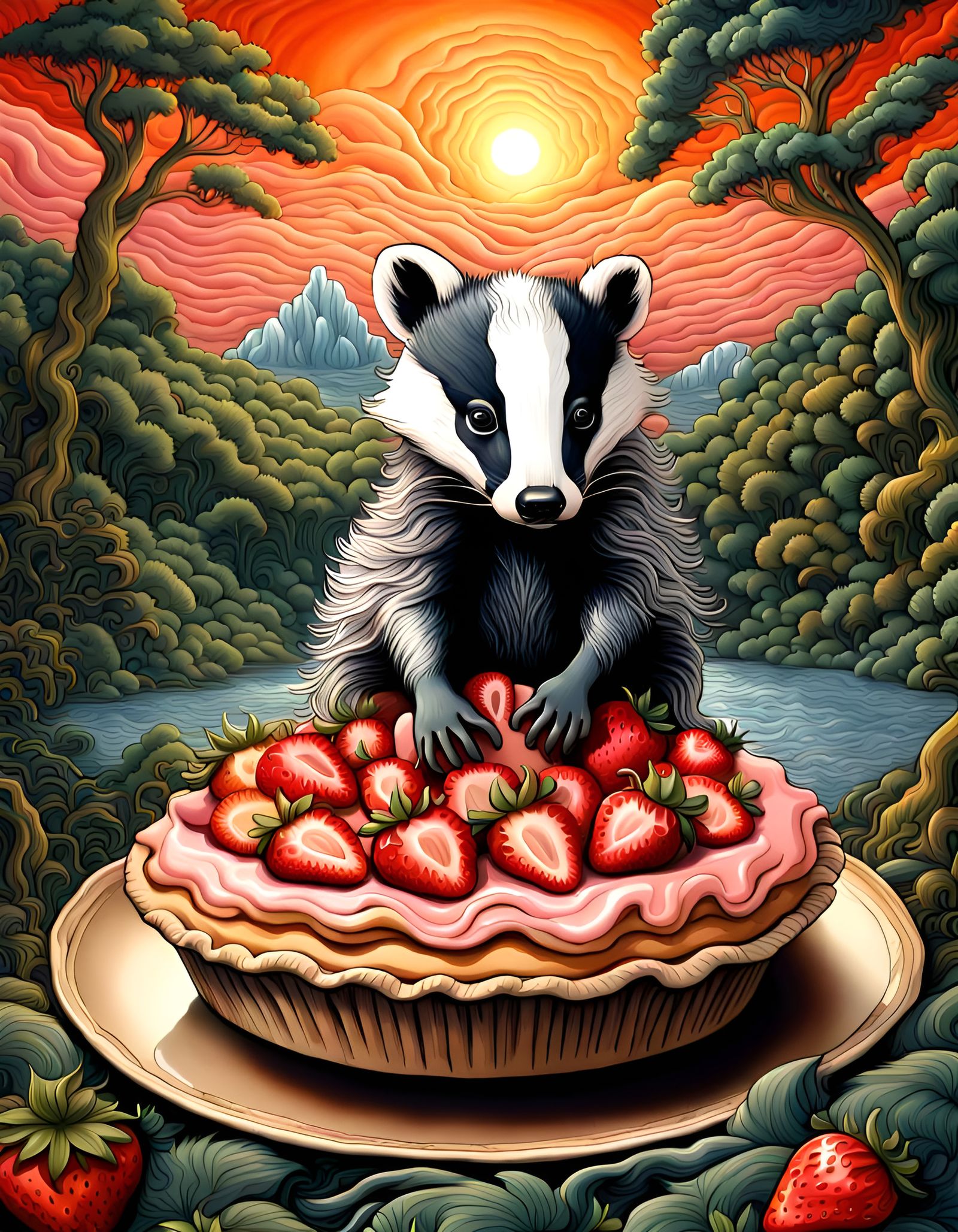 Surreal Badger Indulges in Vibrant Strawberry Dream Pie