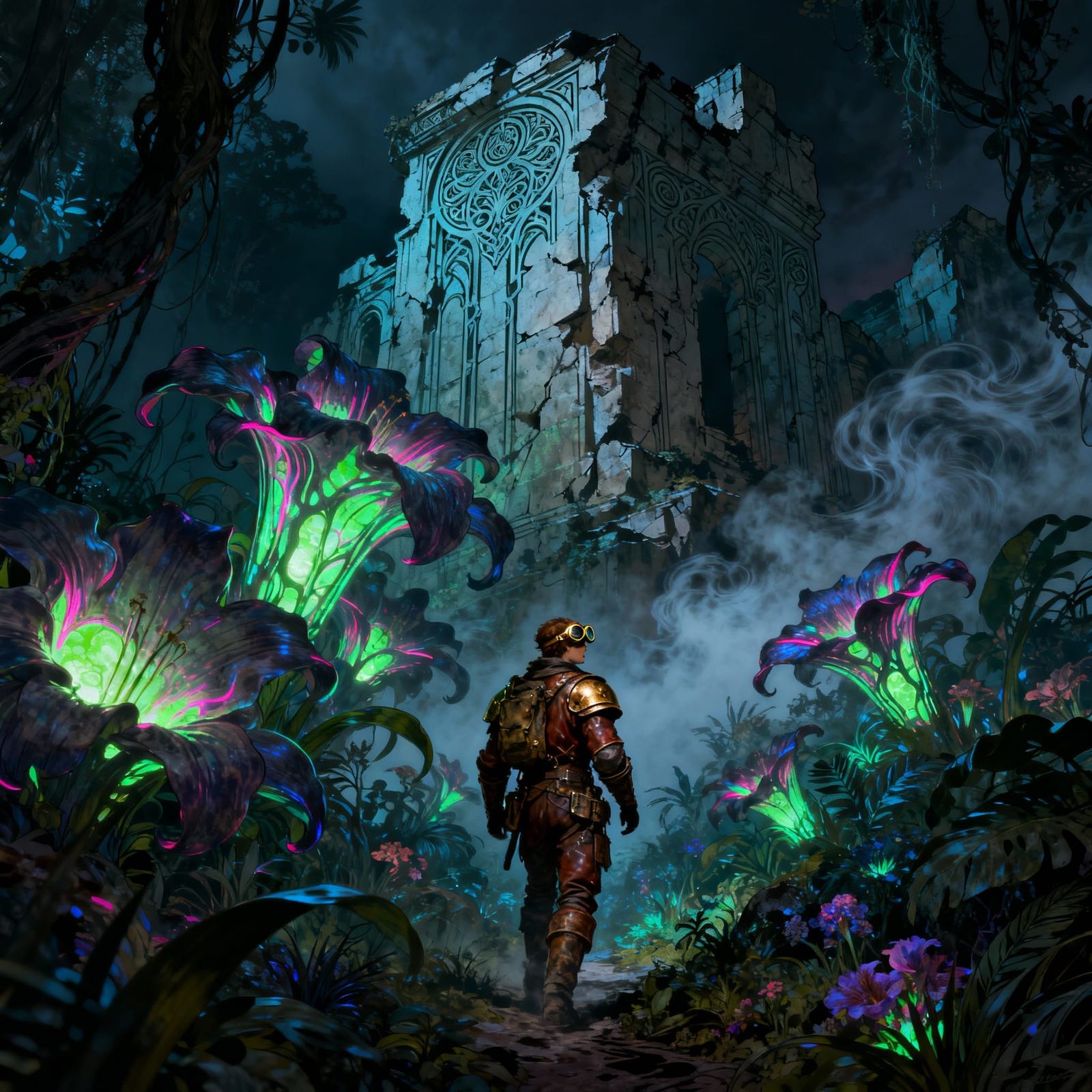 Adventurer in Bioluminescent Jungle with Art Nouveau Ruins