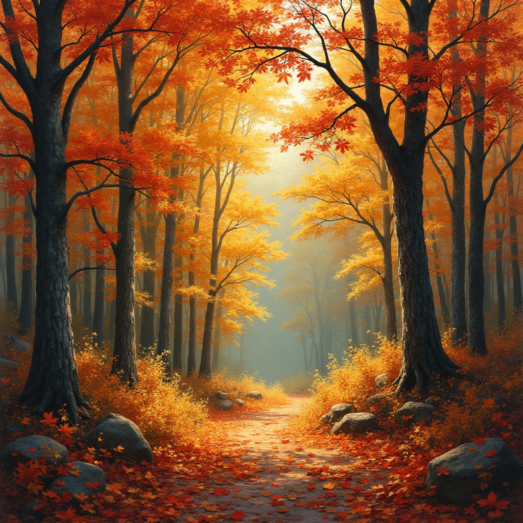 Autumn Forest in Vibrant Colors with Golden Light