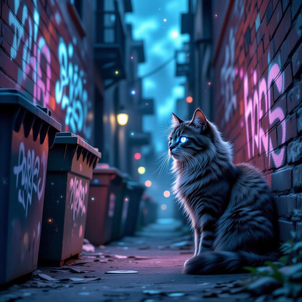 Mystical Alley Cat with Glowing Eye in Cosmic Twilight