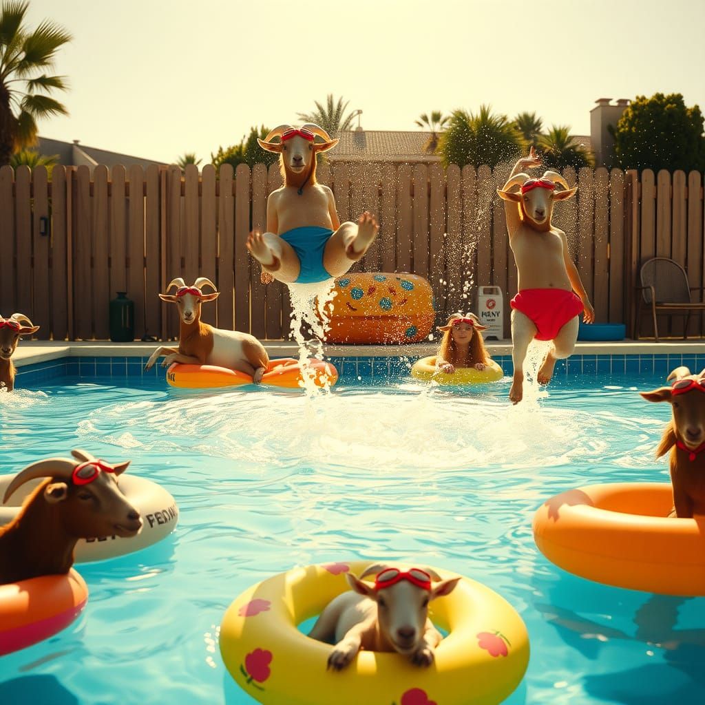 Vibrant Goats in Colorful Swim Trunks Enjoy a Splashing Pool...