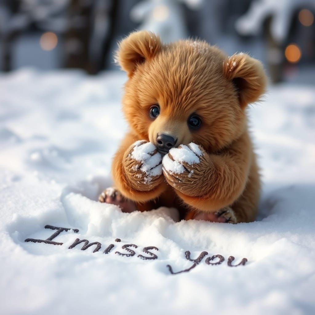 Adorable Baby Bear Wears Snowy Gloves on Winter Wonderland
