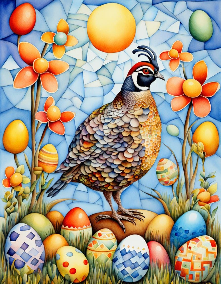 Cubist Easter Scene in Vibrant Watercolor