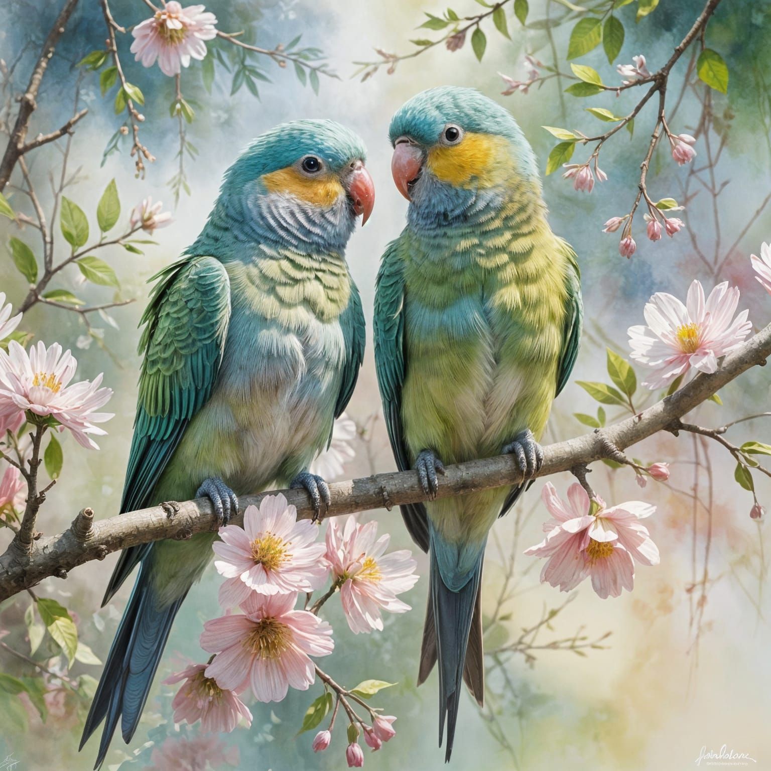 Pastel Parakeets in Watercolor Impressionist Style
