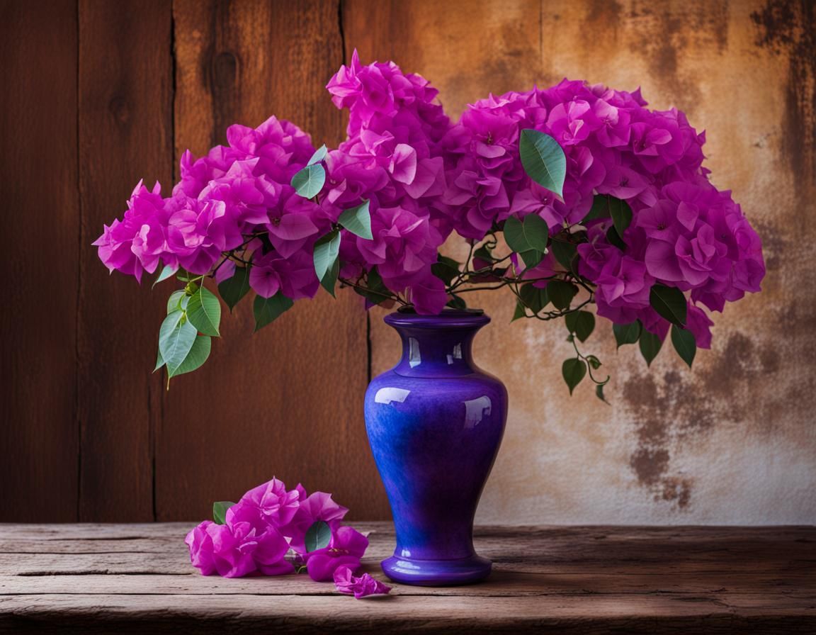 Vibrant Bougainvillea Blooms Amidst a Weathered Redwood Tabl...