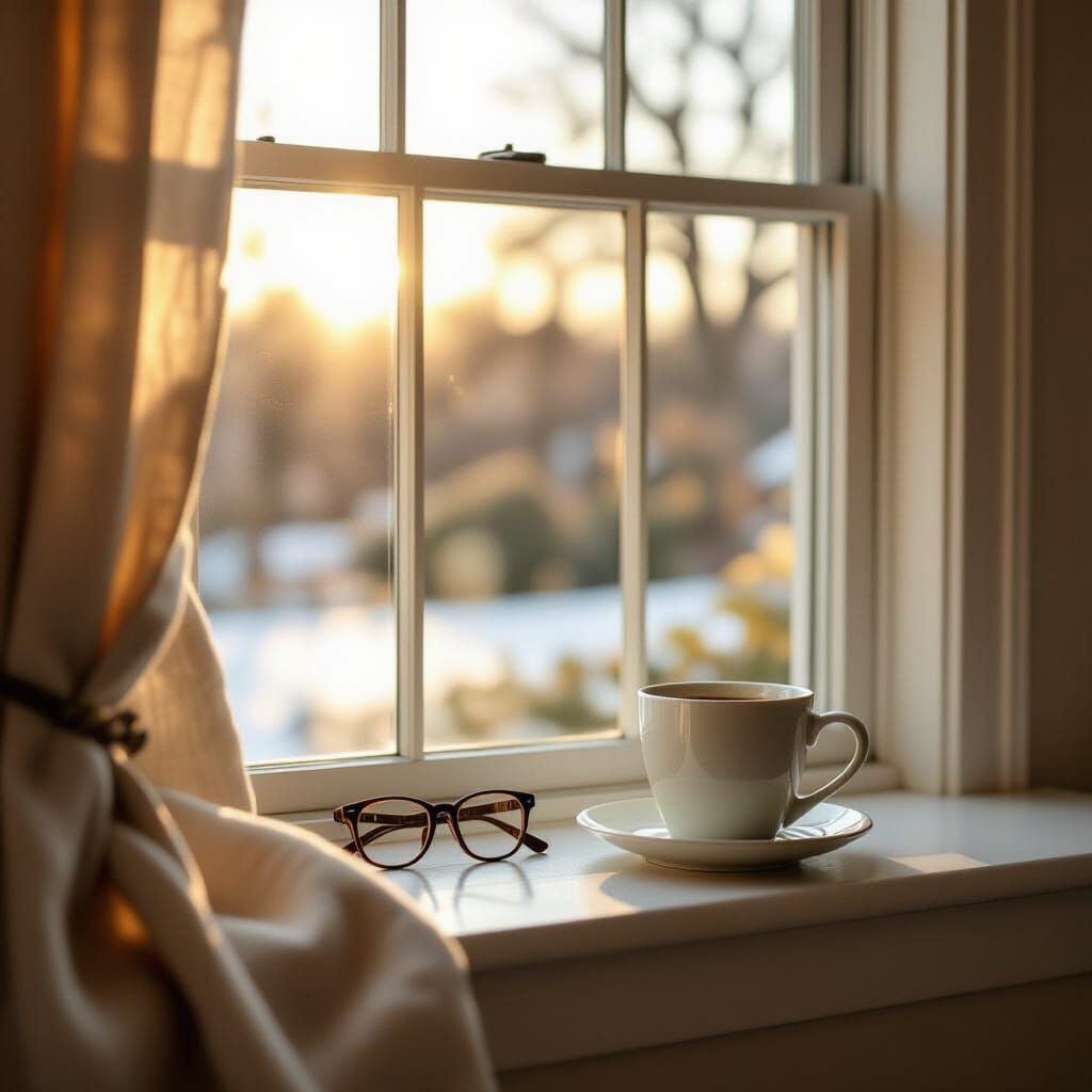 Morning Light on Newtonville Windowsill with Glasses and Cof...