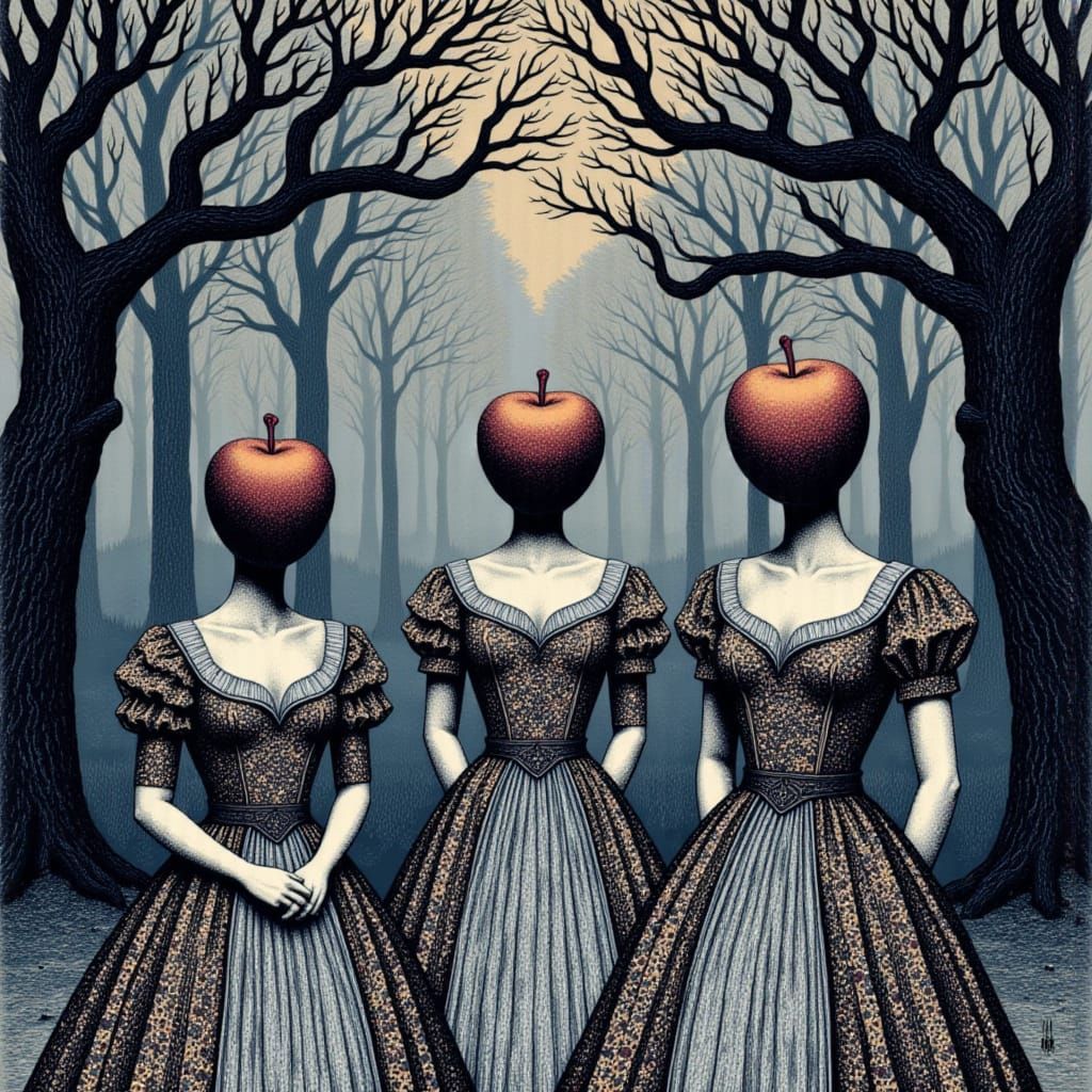Surreal Victorian Figures with Apple Heads in Misty Forest