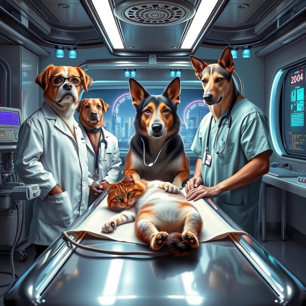 Canine Doctors Gather Around Pregnant Cat in Futuristic Vete...