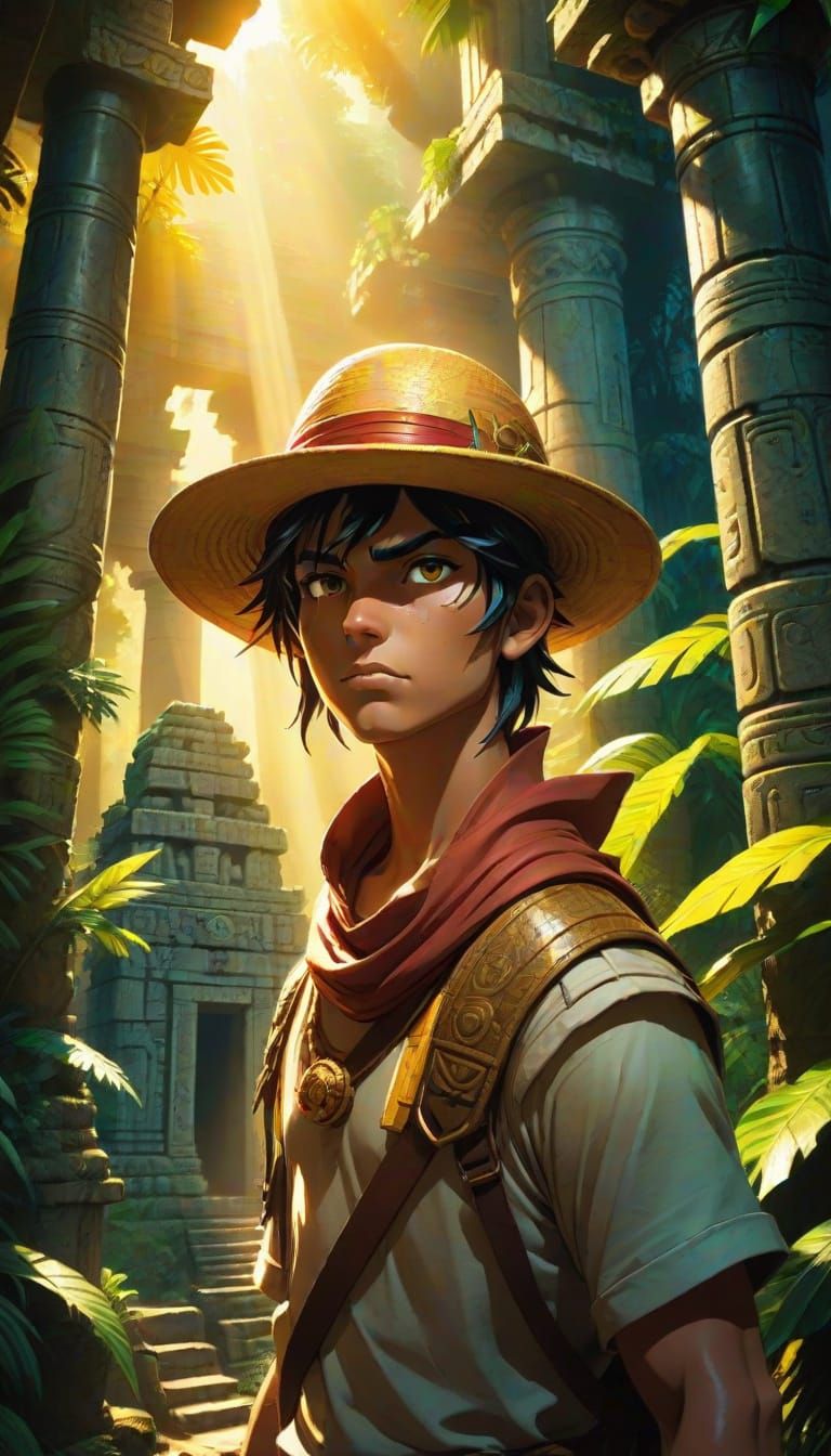 Manga Adventurer in Ancient Temple: Comic Book Art