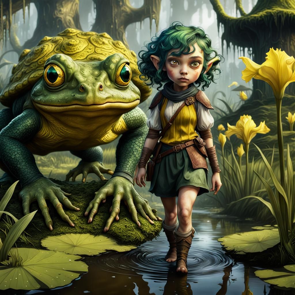 Whimsical Halfling Chases Enchanted Toad in Mystical Swamp