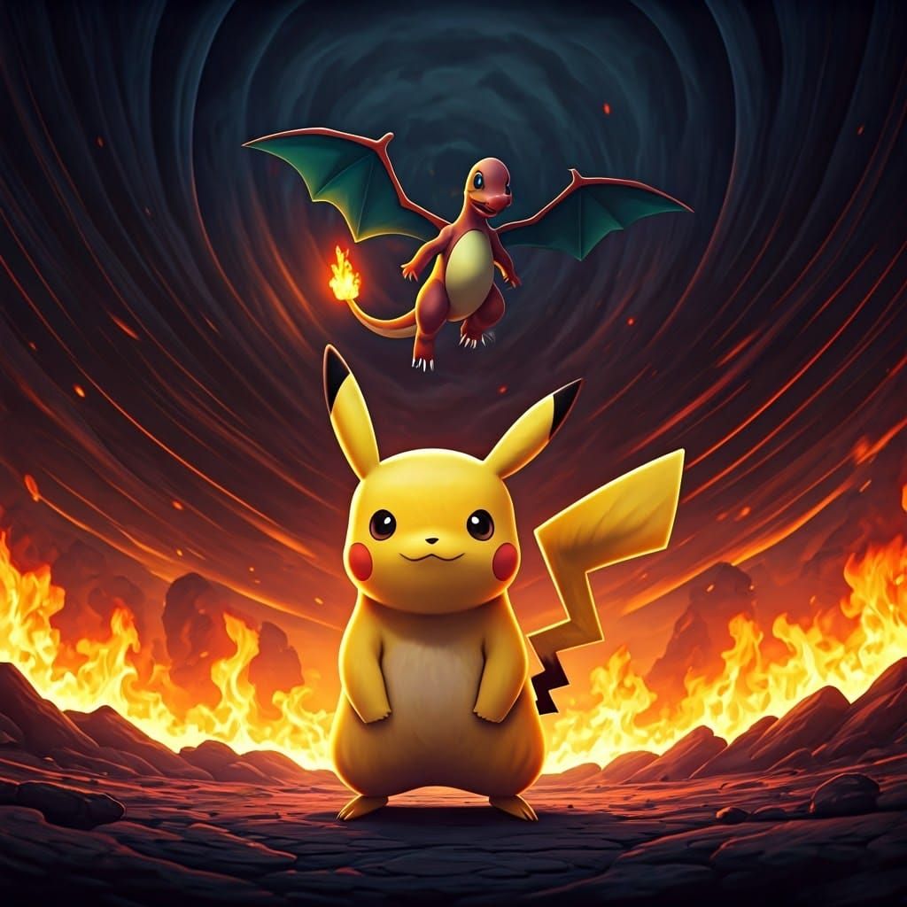 Heroic Pikachu Amidst Inferno, Charmander Soars Above in Cyb...