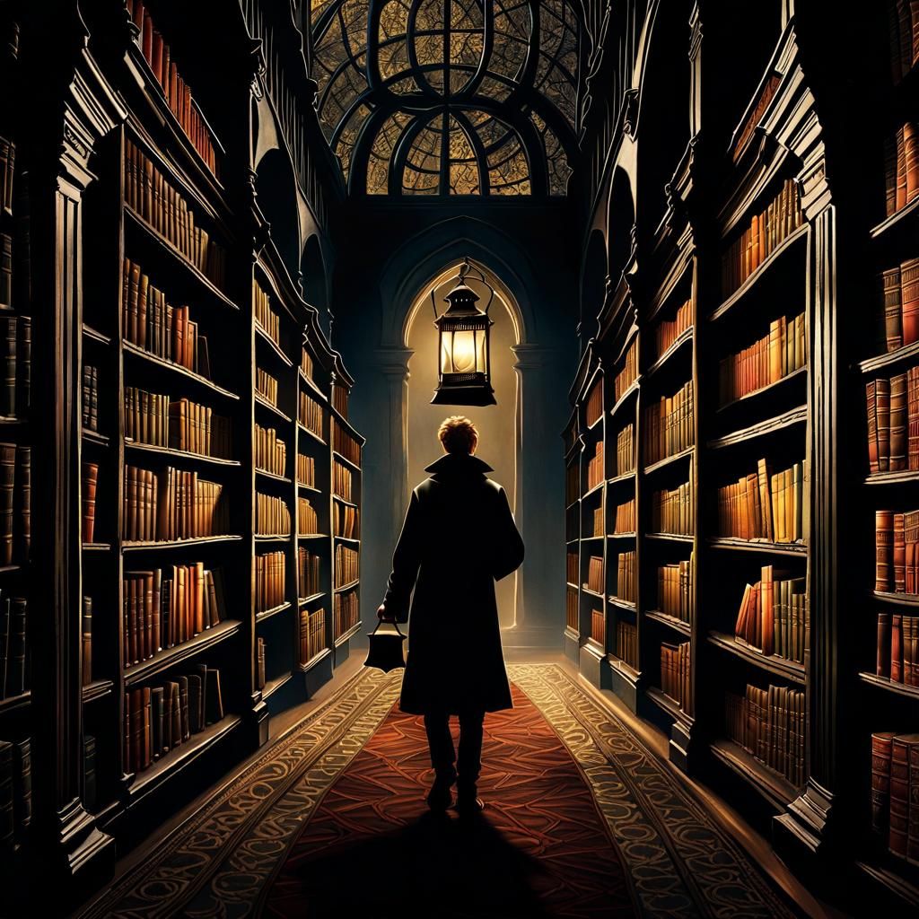 Ethereal Figure Wanders Ancient Library in Darkness