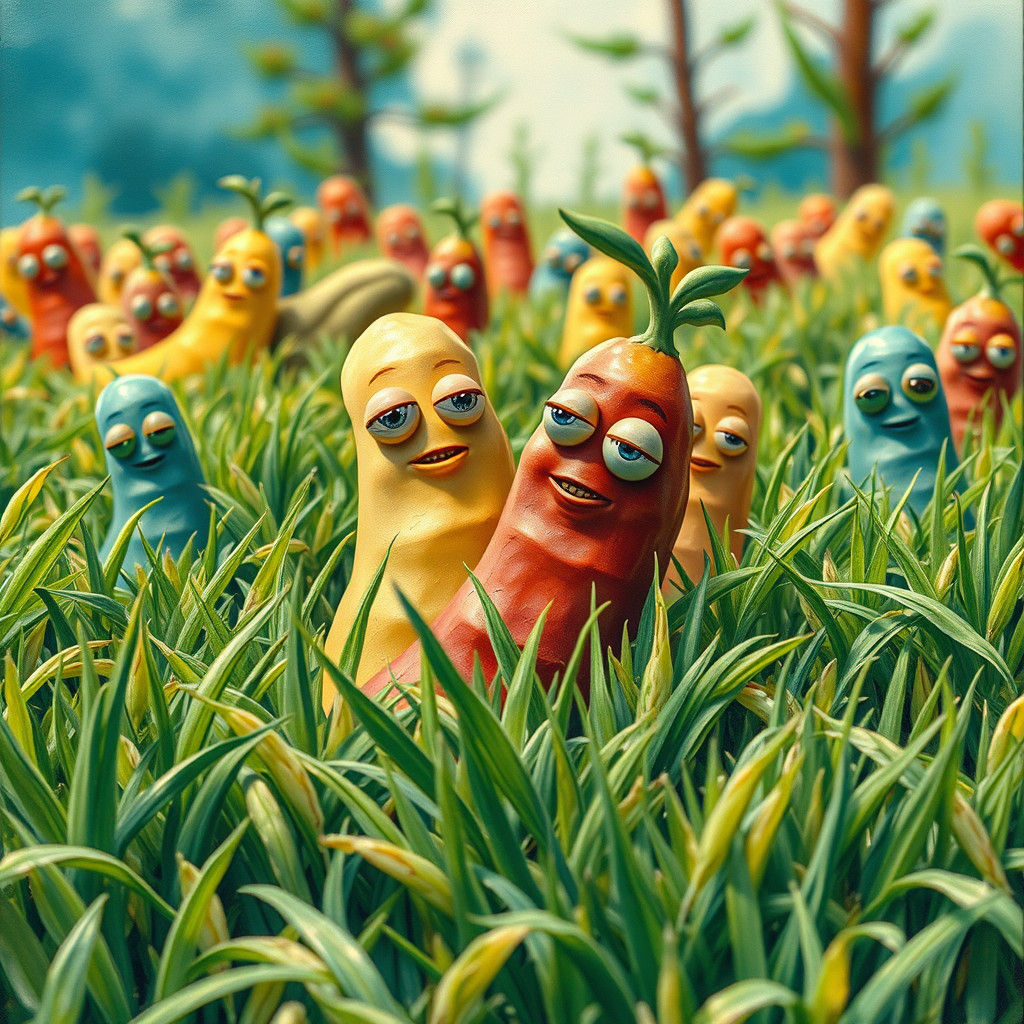 Vibrant Anthropomorphic Beans in a Whimsical Rice Landscape