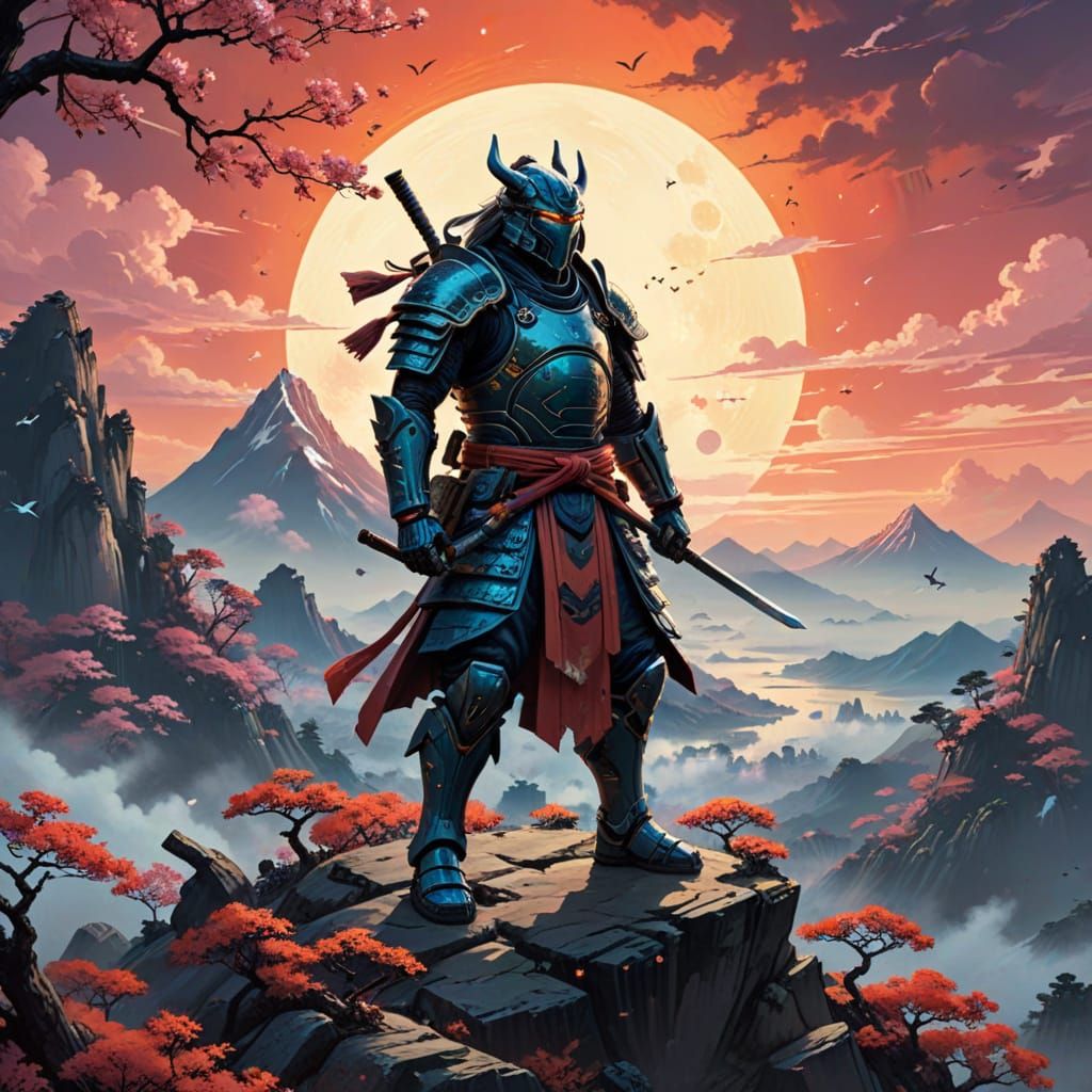 Samurai on Alien Mountain Peak at Sunset