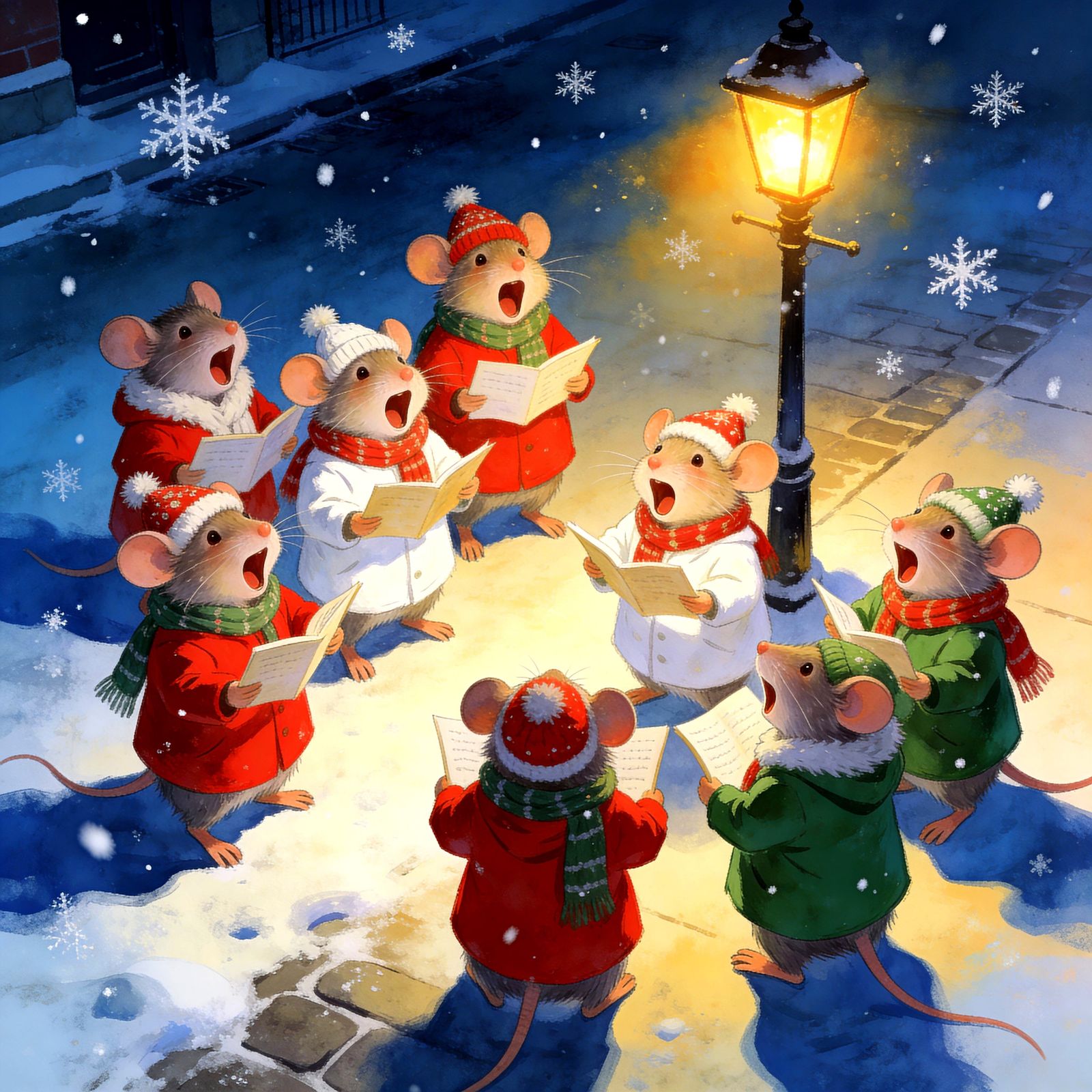Mice Carolers Under Streetlight in Winter