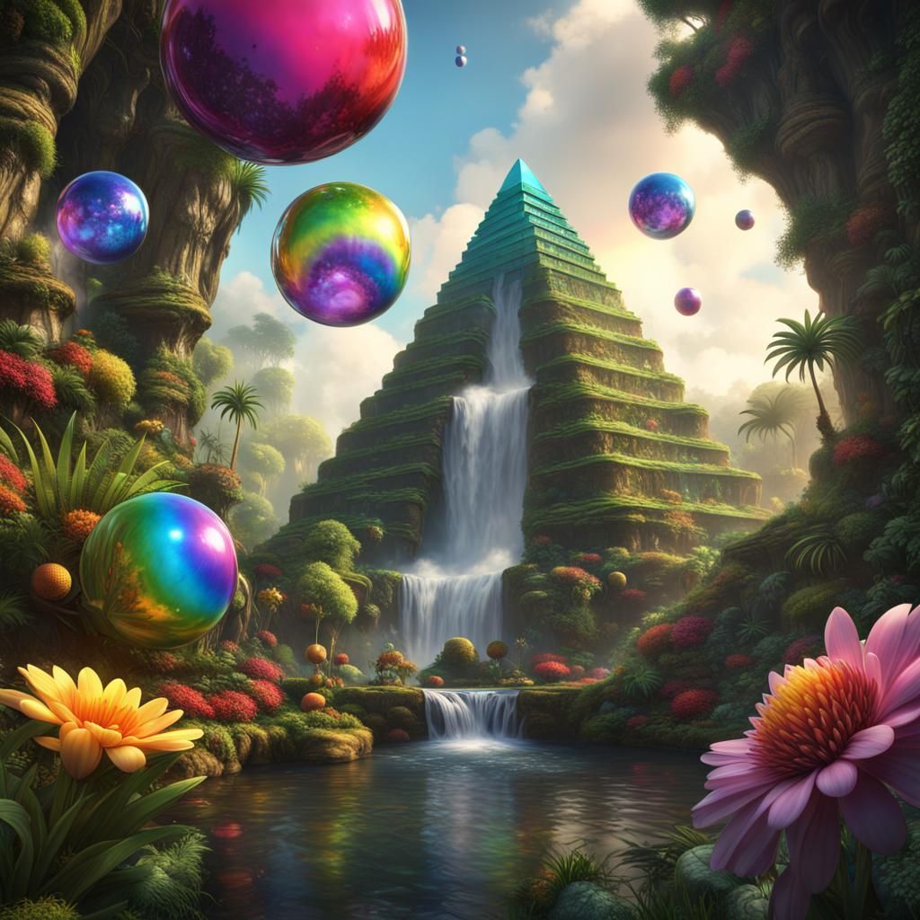Fantastical Jungle Realm with Rainbow Waterfall and UFO