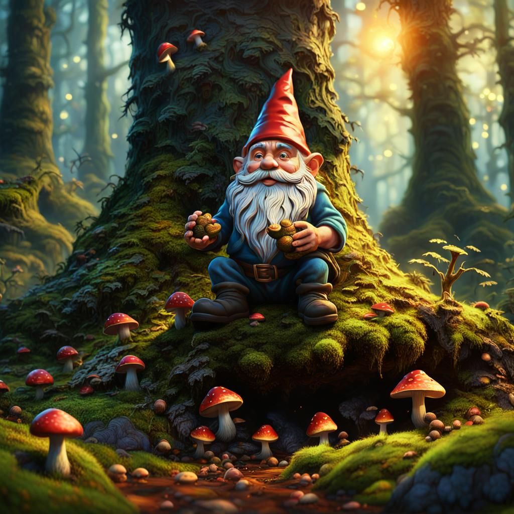 Mossy Forest Gnome Gathering Nuts in Warm Golden Light