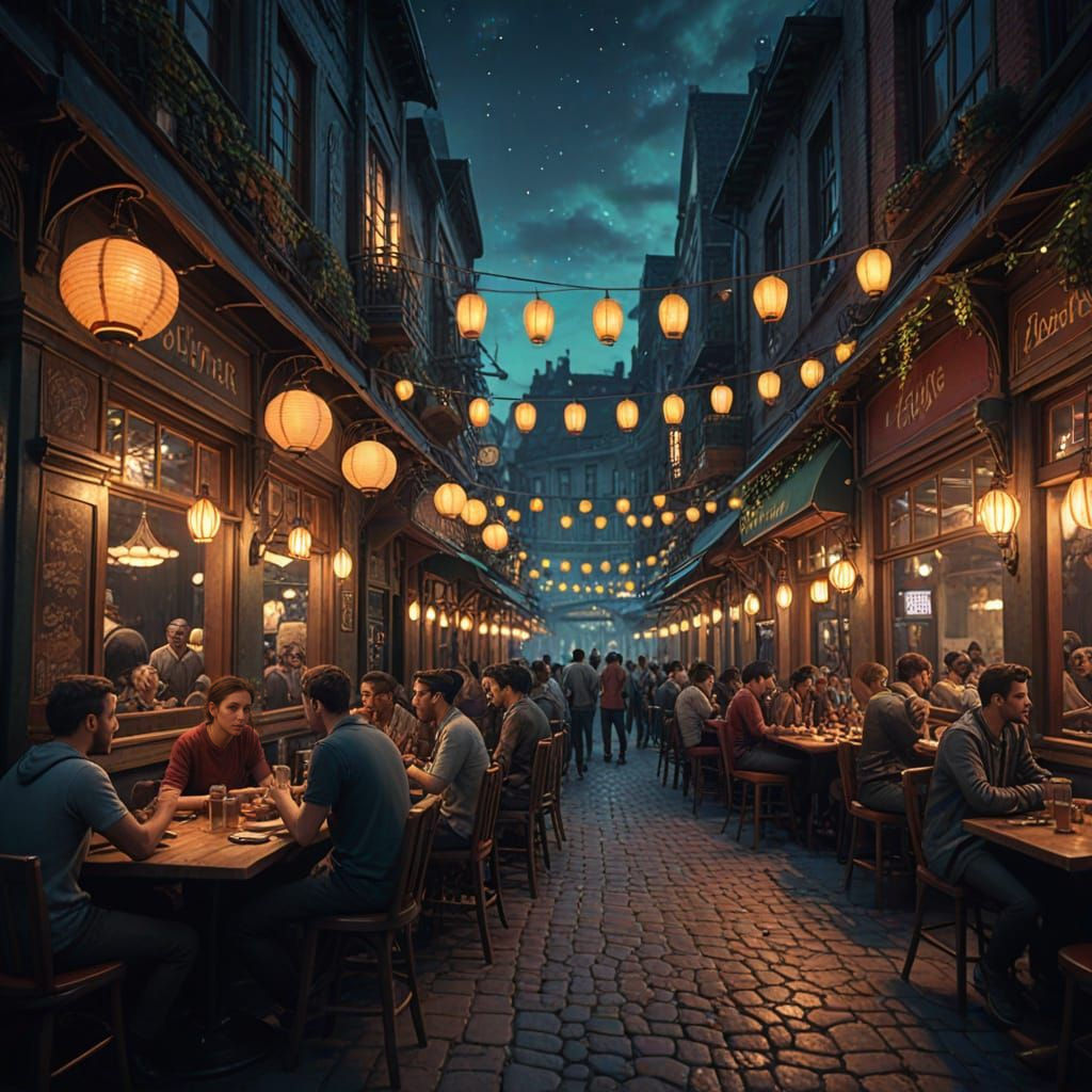 Night Cafe Scene with Diverse Patrons, Matte Painting Style