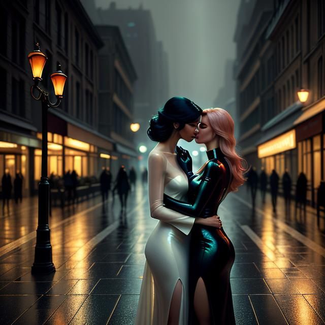 Sensual Futuristic Cityscape: Two Women Embrace in a Warm, G...