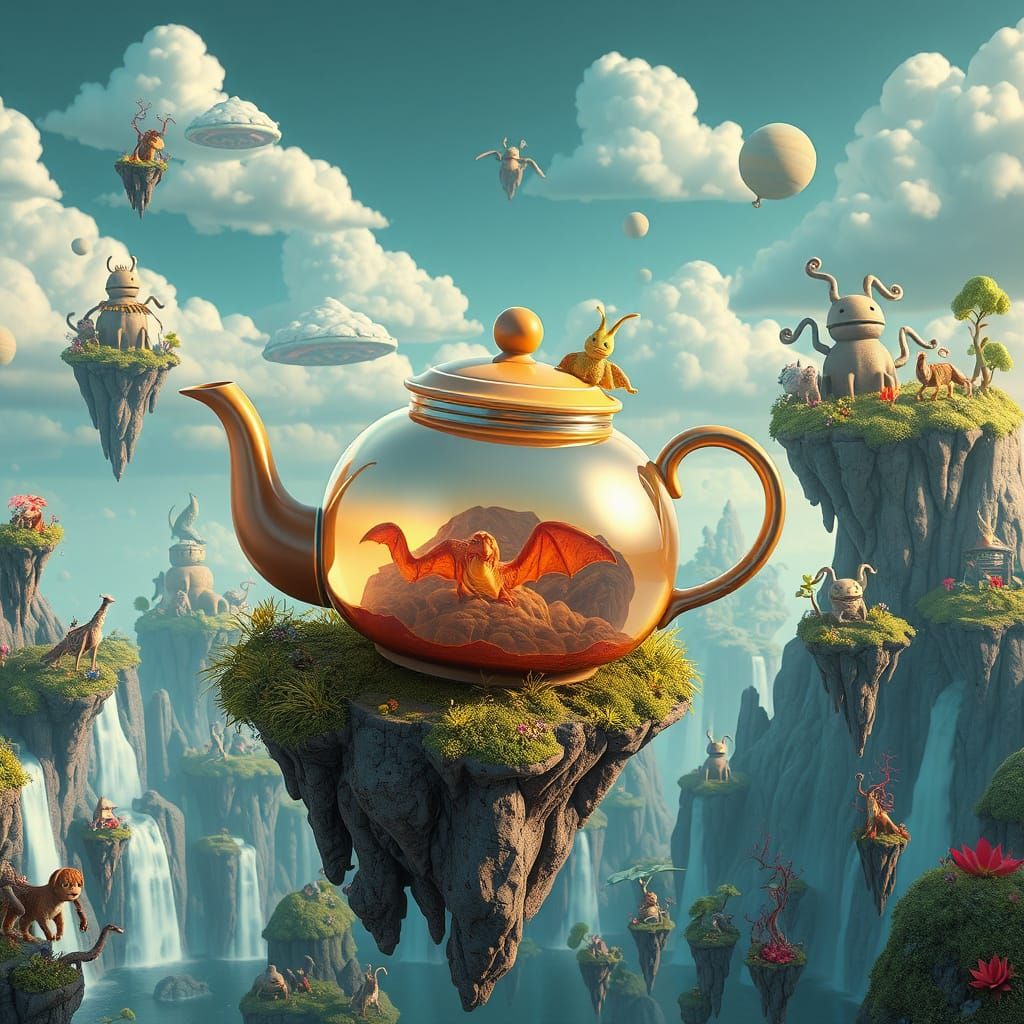 Envision a sentient teapot drifting through a surreal landscape dotted with floating islands and gravity-defying waterfa...